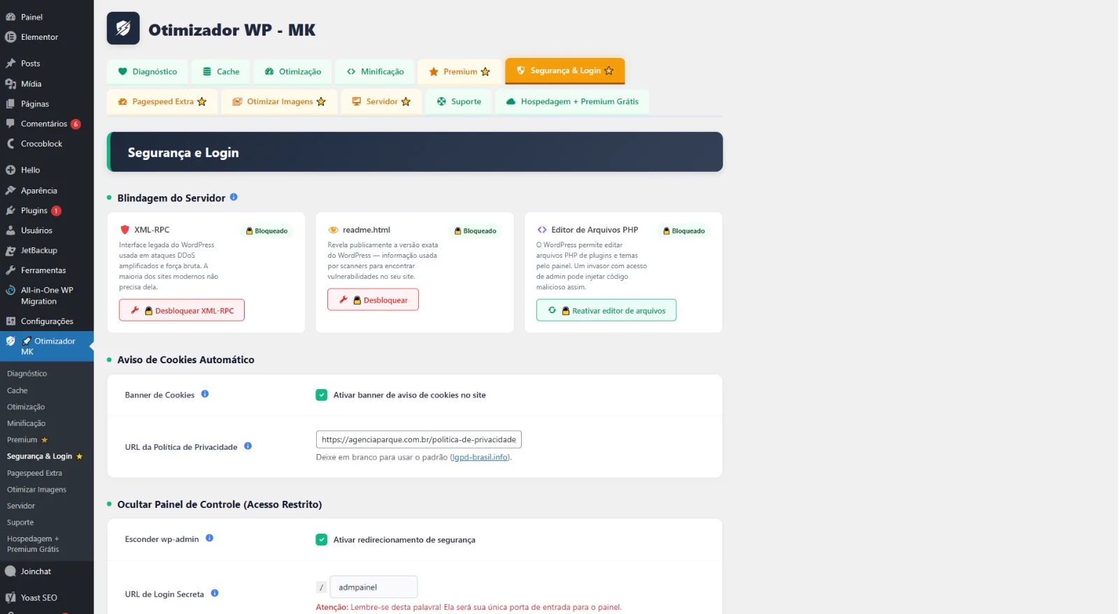 Aba Segurança do plugin